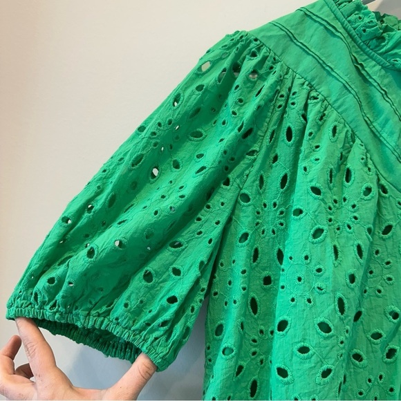 Women's Kelly Green Summer Casual Top Puff Short Sleeve Eyelet Trad Wife Brunch - Picture 5 of 11